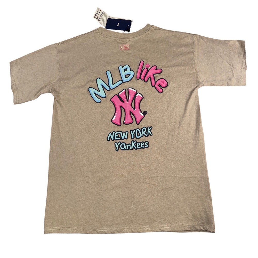 MLB New York Yankees Like NY Graphic T-Shirt Tan Pink Blue Crewneck NWT Medium